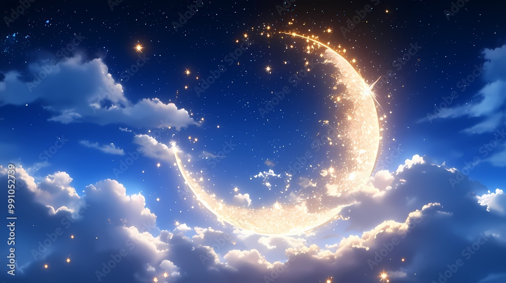 Crescent moon with stars and clouds, glitter and magic light effects. Crescent moon with stars and clouds, glitter and magic light effects.