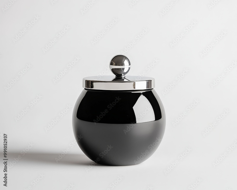 Obraz premium Elegant Black Ceramic Jar with Silver Lid on Minimalist White Background - Modern Home Decor and Design Inspiration