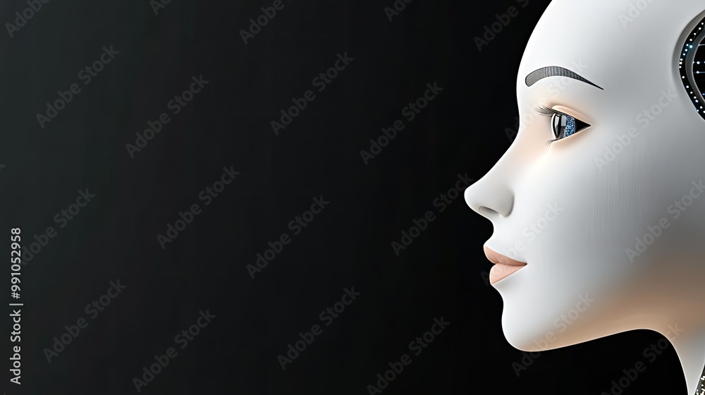 This artwork features a 3D of a futuristic AI robot head in profile view This artwork features a 3D of a futuristic AI robot head in profile view