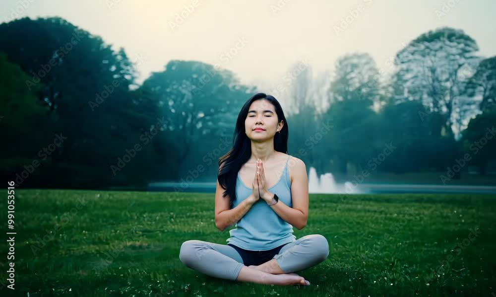 Vietnamese Woman Meditating in Serene Park at Dawn Vietnamese Woman Meditating in Serene Park at Dawn