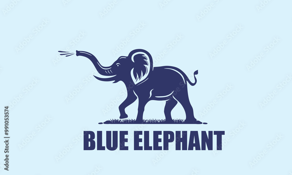 Obraz premium blue elephant playing water logo, silhouette of happy animal walking vector illustrations
