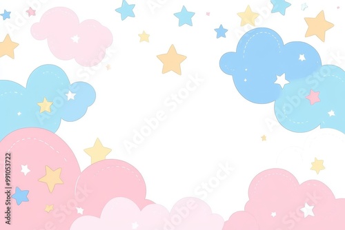 Illustration of colorful stars and clouds on a pastel sky background