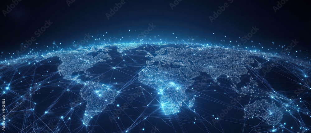 A digital representation of Earth connected by a network of glowing lines and nodes. A digital representation of Earth connected by a network of glowing lines and nodes.