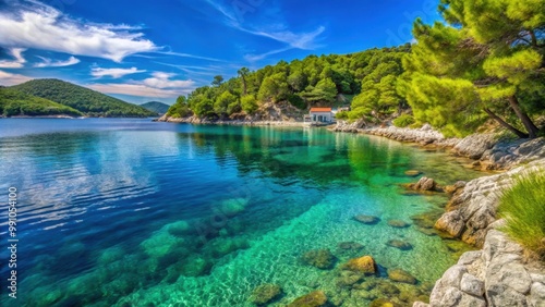 Fototapeta Naklejka Na Ścianę i Meble -  Shore in the bay of Uvala Gradina near Vela Luka, Korcula, Croatia , Beach, coast, sea, waves, rocky, scenic, nature
