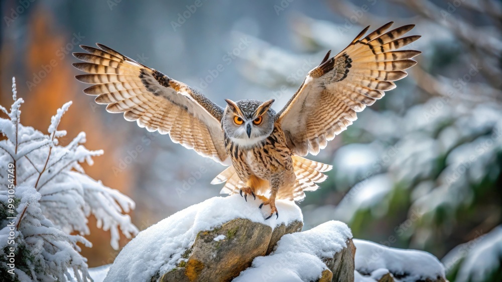 Obraz premium Siberian Eagle Owl landing gracefully on snow-covered rock in the cold winter , wildlife, owl, bird, landing, snow, rock