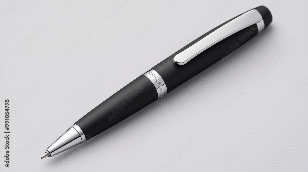 Elegant Black and Silver Pen on Minimalist White Background - Professional Writing Tool for Luxury Stationery, Office Supplies, and Business Concepts Elegant Black and Silver Pen on Minimalist White Background - Professional Writing Tool for Luxury Stationery, Office Supplies, and Business Concepts