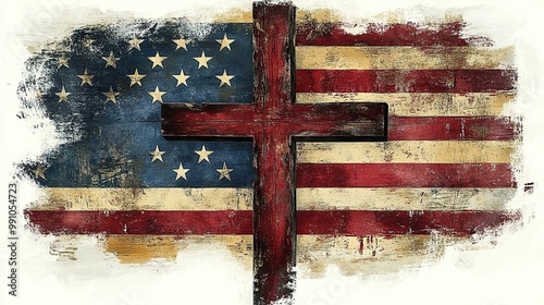 Vintage American flag cross design on white, ideal for clip art.