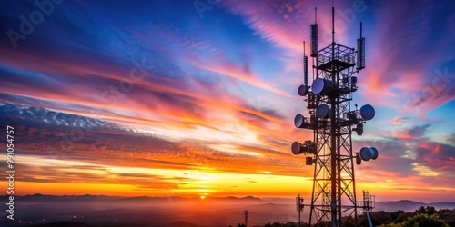 Twilight hues enveloping a communications tower laden with antennas, twilight, hues, communications tower, antennas photo