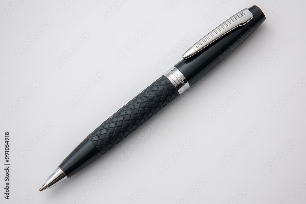 Elegant Black Diamond Pattern Pen on White Desk - Minimalist Professional Stationery Concept Elegant Black Diamond Pattern Pen on White Desk - Minimalist Professional Stationery Concept