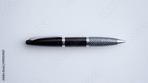 Elegant Black and Silver Pen on White Surface for Luxury Stationery Brand Marketing High-Quality Product Shot with Textured Details photo