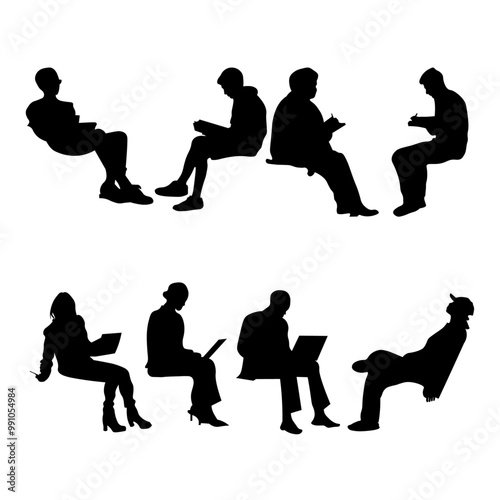 8 png silhouettes of people in sitting postures	
