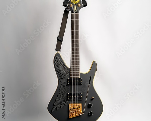 Wallpaper Mural Elegant Black Electric Guitar with Gold Accents on White Background - Musical Instrument Closeup for Artistic Promotions and Product Catalogs Torontodigital.ca