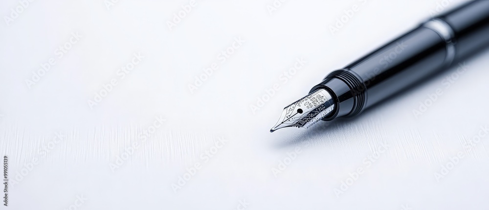 Elegant Black Fountain Pen Closeup on White Surface - Luxury Writing Instrument with Silver Nib Detail for Creativity and Professionalism Elegant Black Fountain Pen Closeup on White Surface - Luxury Writing Instrument with Silver Nib Detail for Creativity and Professionalism