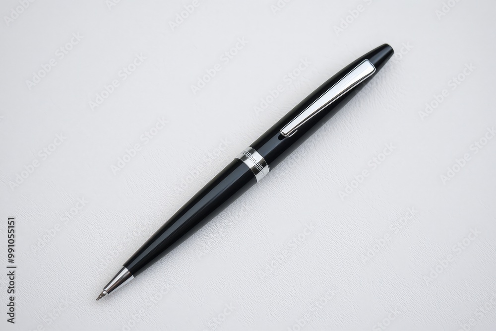 Elegant Black Pen on White Surface - Minimalist Office Stationery Concept with Polished Silver Accents and Textured Background for Professional Branding Elegant Black Pen on White Surface - Minimalist Office Stationery Concept with Polished Silver Accents and Textured Background for Professional Branding