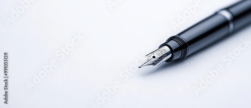 Elegant Black Fountain Pen Closeup on White Surface - Luxury Writing Instrument with Silver Nib Detail for Creativity and Professionalism