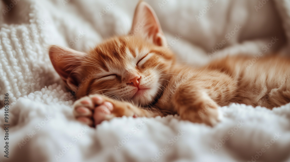 Close-up of a ginger kitten sleeping on a soft white blanket, paws stretched above its head. The relaxed and peaceful expression captures the innocence of the moment. Ginger kitten