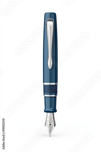 Elegant Blue Fountain Pen with Silver Accents on Clean White Background - Luxury Writing Instrument for Advertising and Promotion photo