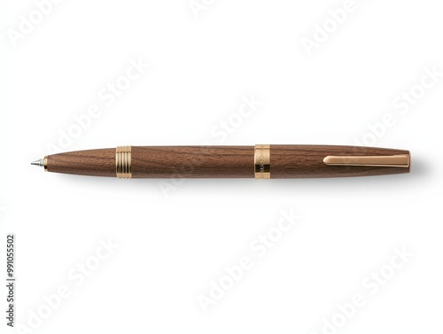 Elegant Brown Wooden Pen with Gold Accents on White Surface - Minimalist Sophistication and Luxury Writing Instrument Concept photo