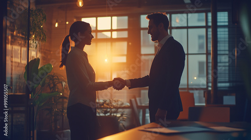 A successful business deal being made as two professionals shake hands in a modern industrial-style office. The relaxed yet professional vibe is captured through warm tones and sof