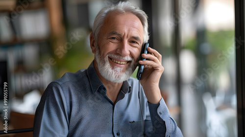 Smiling busy mature older professional business man executive manager talking on the phone making mobile call on cellphone in office working. generative ai.