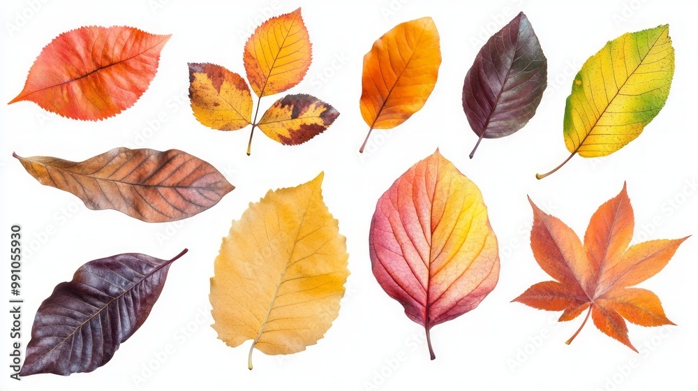 Obraz premium Isolated leaves. Collection of multicolored fallen autumn leaves isolated on white background