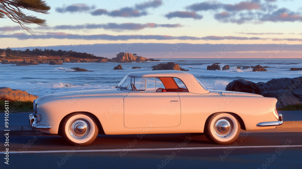 Fototapeta premium Classic vintage car parked by the seaside with a stunning ocean view at sunset