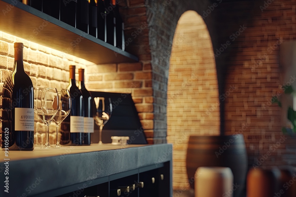 Elegant Wine Storage With Bottles, Glasses, and Wooden Barrels in a Rustic Cellar at Dusk Elegant Wine Storage With Bottles, Glasses, and Wooden Barrels in a Rustic Cellar at Dusk