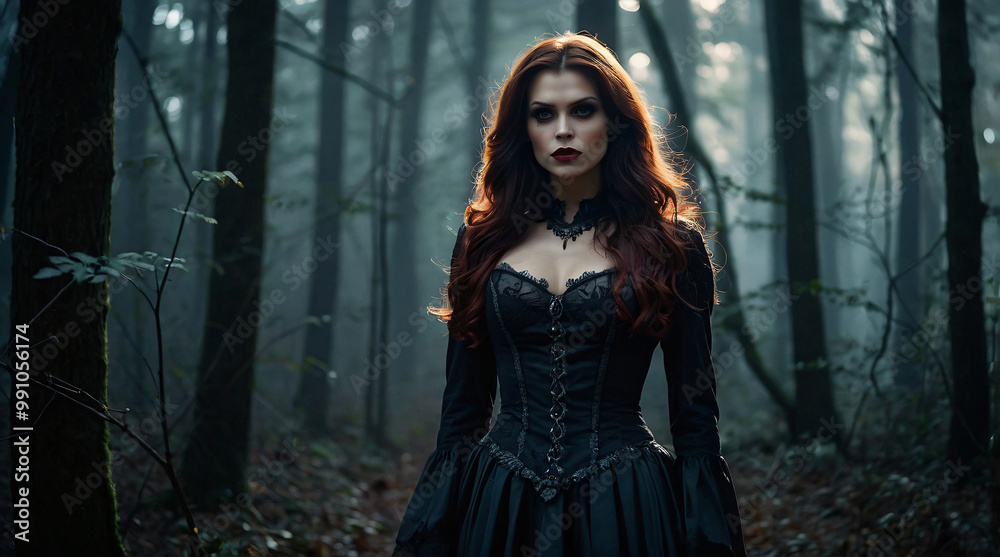 Fototapeta premium Mysterious Gothic Woman in Dark Forest with Moody Atmosphere