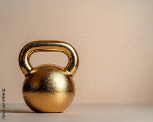 Elegant Golden Kettlebell on Beige Surface - Minimalist Fitness Concept with Warm Metallic Tones