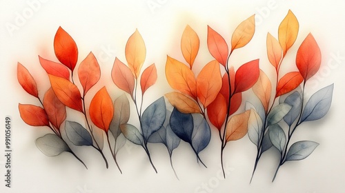 Watercolor depiction of simple, abstract fall foliage in rust and sage green shades, against a white background.