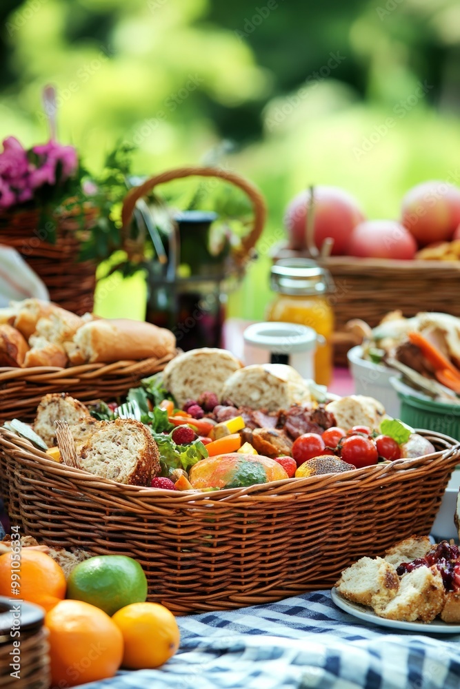 A beautiful picnic laid out on a checkered blanket. Fresh fruits, assorted snacks, and drinks