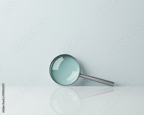 Elegant Metallic Magnifying Glass on White Surface - Minimalist Closeup with Tranquil Blue Background, Symbolizing Clarity and Focus for Editorial, Web Design, and Advertising