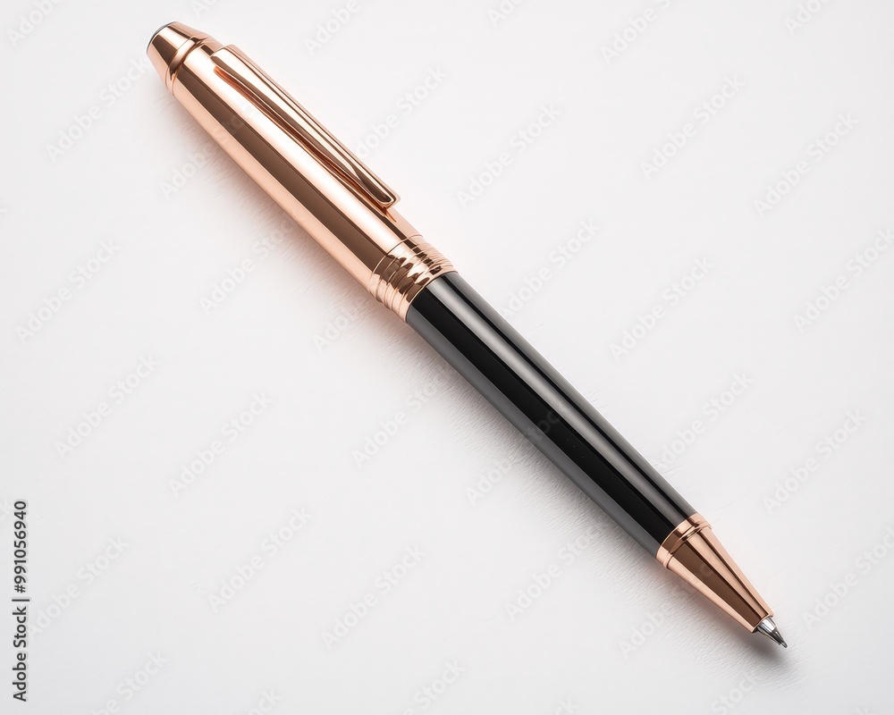 Elegant Rose Gold Pen on White Surface - Minimalist Luxury Writing Tool Closeup with Subtle Shadow for Branding and Promotions Elegant Rose Gold Pen on White Surface - Minimalist Luxury Writing Tool Closeup with Subtle Shadow for Branding and Promotions