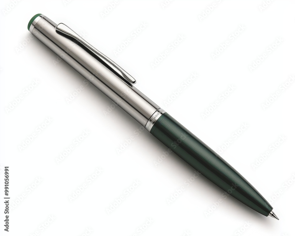 Elegant Silver and Green Pen on White Background - Minimalistic Macro View of Original Stationery for Luxury Writing and Design Concepts Elegant Silver and Green Pen on White Background - Minimalistic Macro View of Original Stationery for Luxury Writing and Design Concepts