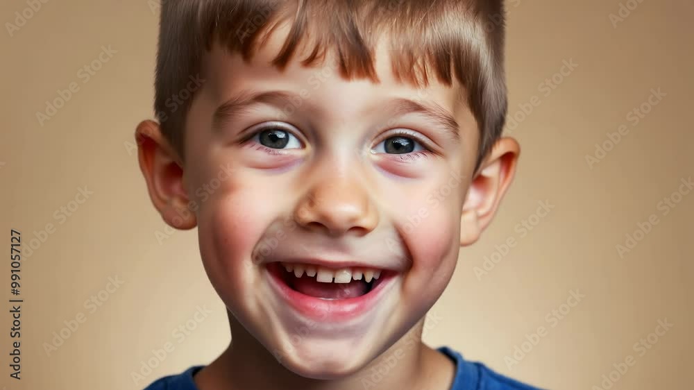 Close-up video of a boy with freckles expressing surprise to delight with studio key light. Close-up video of a boy with freckles expressing surprise to delight with studio key light.