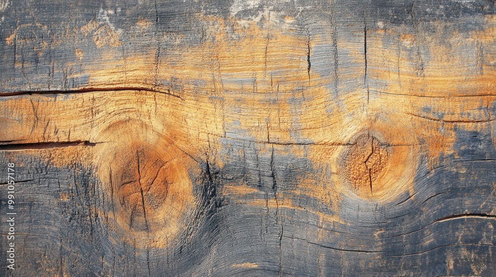 Naklejka premium Close-up of weathered wooden plank with visible grain and knots, showcasing a rustic and natural texture.