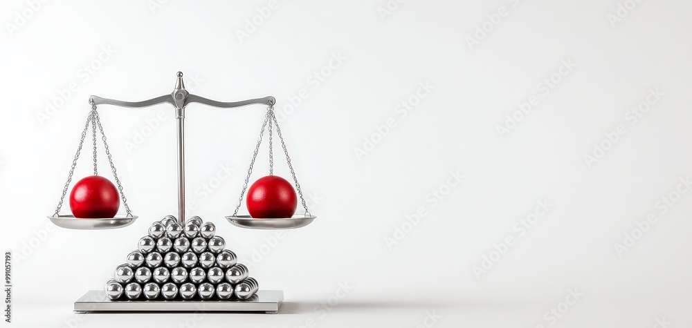 Elegant Silver Scale with Red Spheres on White Background - Symmetrical Balance and Precision in Minimalist Design Elegant Silver Scale with Red Spheres on White Background - Symmetrical Balance and Precision in Minimalist Design