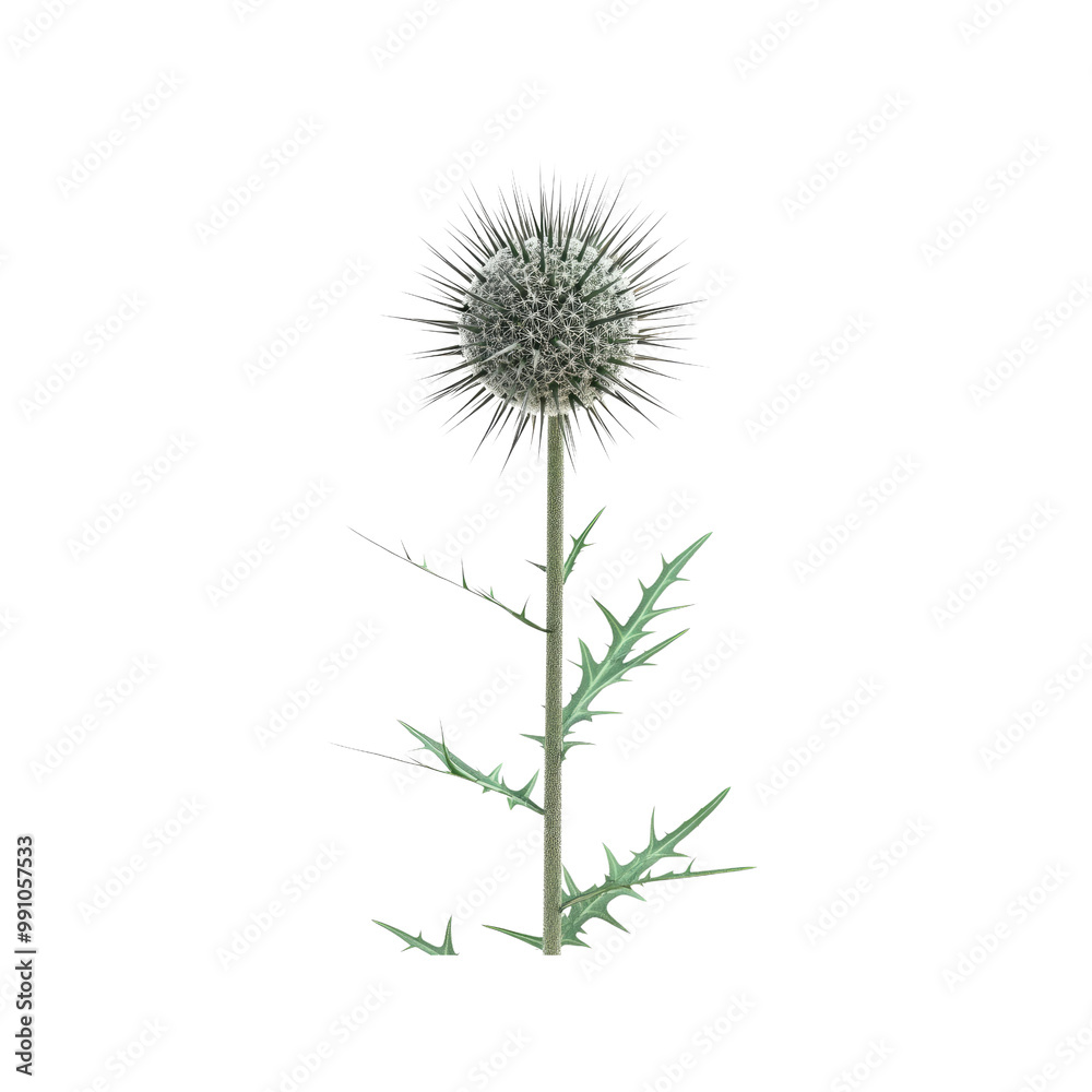 Fototapeta premium Globe Thistle Flower with Spiky Stem Isolated on White Background