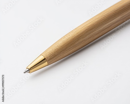 Wallpaper Mural Elegant Wooden Pen Closeup on White Surface - Natural Wood Textures, Minimalist Design, Sophisticated Office Stationery Concept Torontodigital.ca