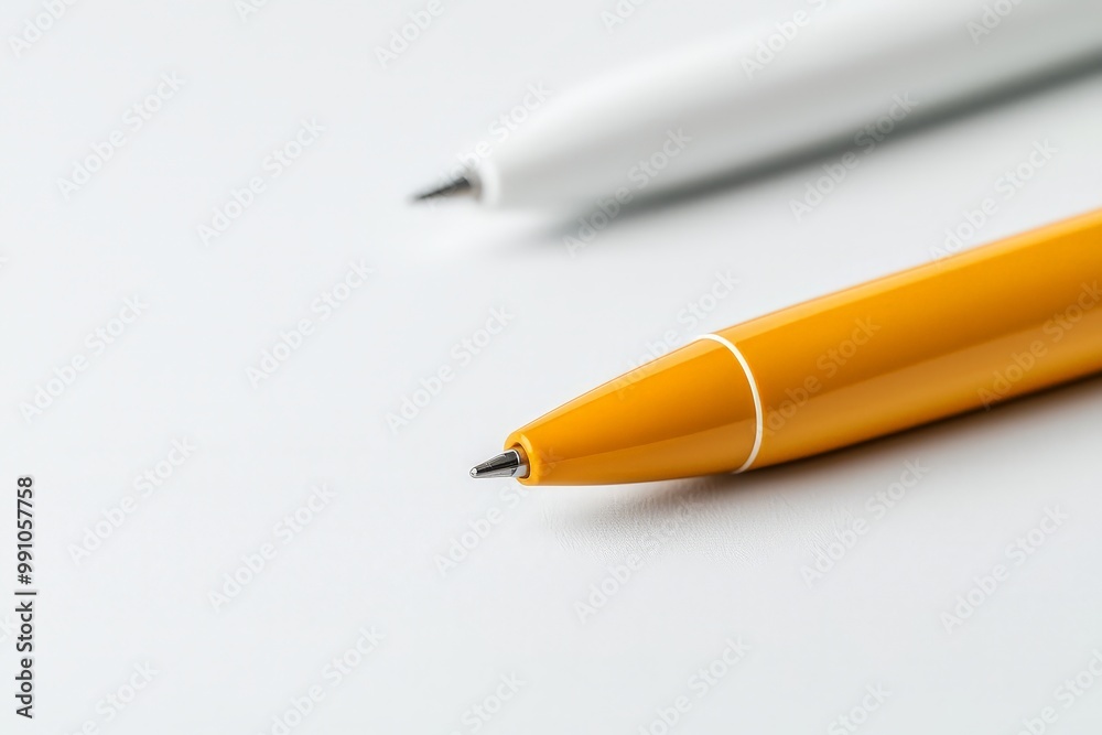 Elegant Yellow and White Pens on Clean White Surface - Minimalist Office Stationery Concept Elegant Yellow and White Pens on Clean White Surface - Minimalist Office Stationery Concept