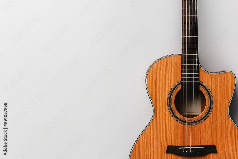 Obraz premium Exquisite Wooden Acoustic Guitar Close-up on White, Serene Music Concept for Marketing and Product Promotion