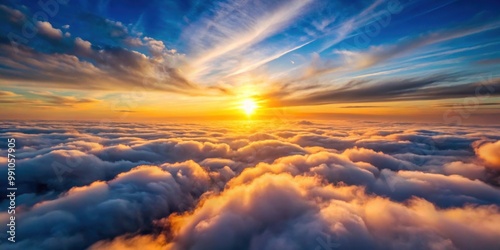 Epic sunset above the clouds, aerial shot with sun glowing through the clouds , sunset, clouds, sky, aerial, evening, sun