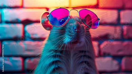 Mouse with sunglasses, colorful background