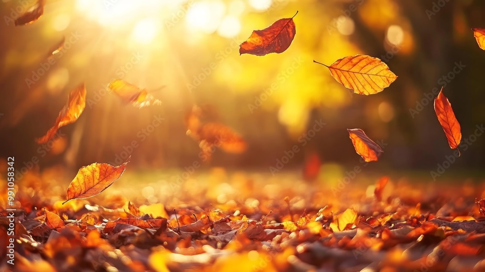 Lively closeup of falling autumn leaves with vibrant backlight from the setting sun Lively closeup of falling autumn leaves with vibrant backlight from the setting sun