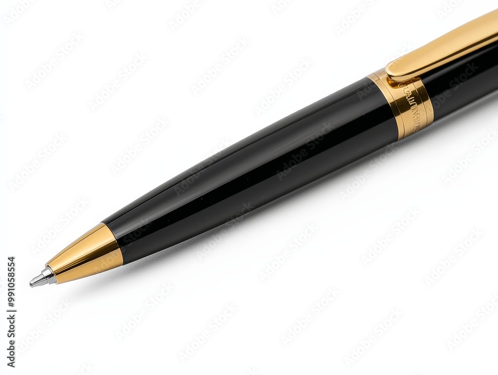 Luxurious Black and Gold Pen with Reflective Surface on White Background - Elegant Writing Instrument for Stationery, Office, and Business Concepts Luxurious Black and Gold Pen with Reflective Surface on White Background - Elegant Writing Instrument for Stationery, Office, and Business Concepts