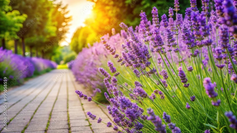 Obraz premium Beautiful lavender blossoms in full bloom along a vibrant sidewalk , Lavender, blossoms, flowers, colorful, vibrant, sidewalk