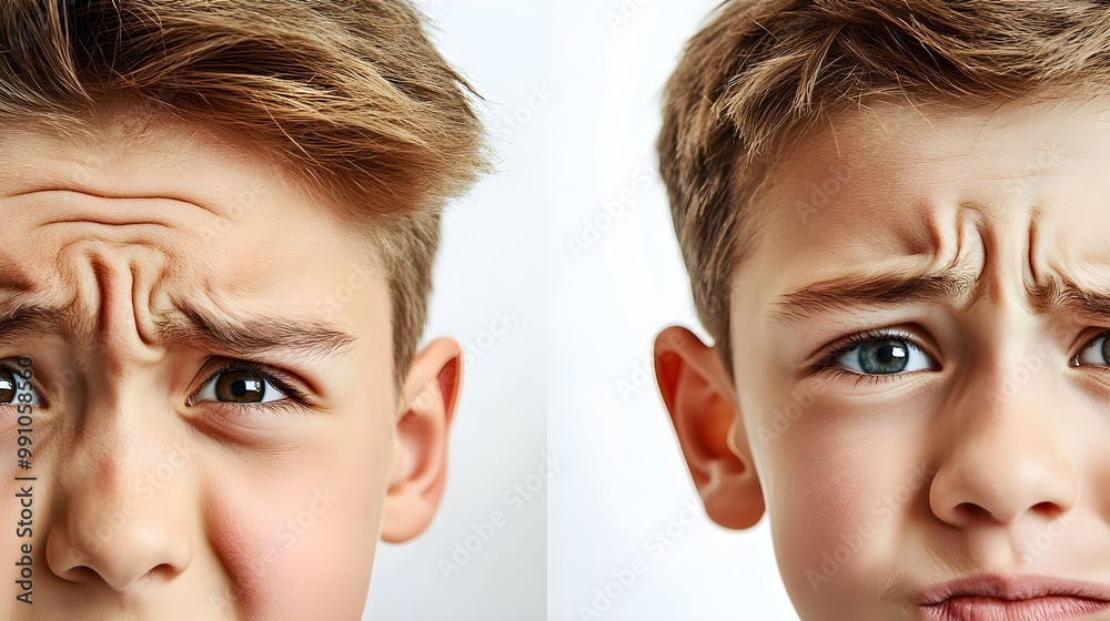 Two boys displaying various expressions of confusion against a white background. Two boys displaying various expressions of confusion against a white background.
