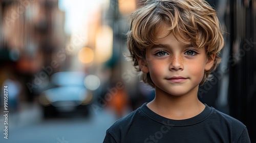 Young boy in a black T-shirt poses on a city street.