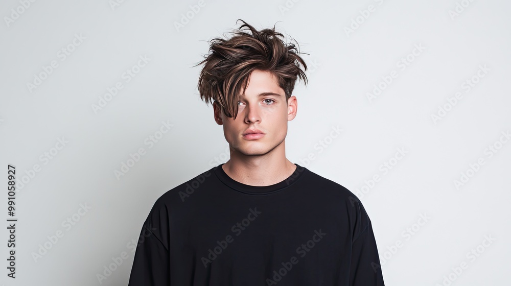 This striking visual captures a handsome man wearing a black t-shirt, posing against a gray background with sharp focus and professional color grading This striking visual captures a handsome man wearing a black t-shirt, posing against a gray background with sharp focus and professional color grading