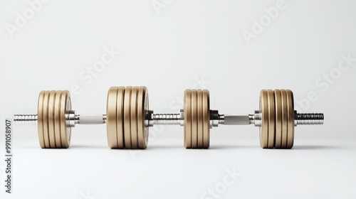 Luxurious Gold Dumbbell with Symmetrical Weight Plates on White Background, Fitness Concept